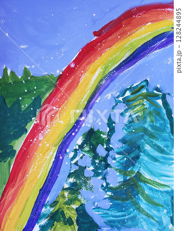 Kid drawing of colorful magic forest with rainbow and green trees in winter landscape with snow made by white paint drops and blots. Art education for children. Fairy tale hand drawn picture 128244895
