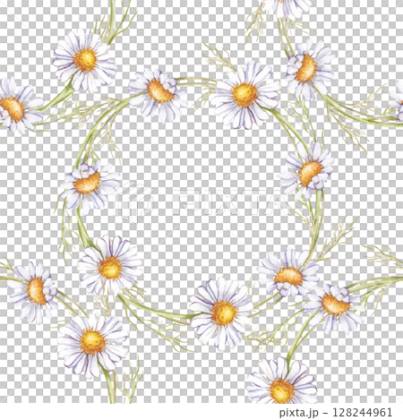 Watercolor seamless pattern of daisy wreaths. Botanical illustration with white wildflowers. Isolated. Seamless floral background for wrapping paper, wrappers, wallpaper. Watercolor seamless pattern of daisy wreaths. Botanical illustration with white wildflowers. Isolated. Seamless floral background for wrapping paper, wrappers, wallpaper. 128244961