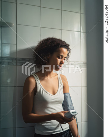 A woman checks her blood pressure with a digital monitor in a tiled bathroom, highlighting wellness, healthcare technology, and daily health routine awareness 128245064