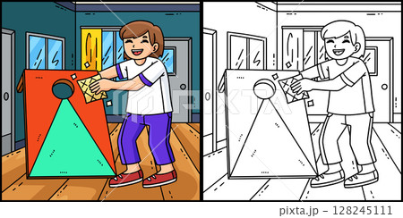 Cornhole Girl Cleaning Board Coloring Illustration 128245111