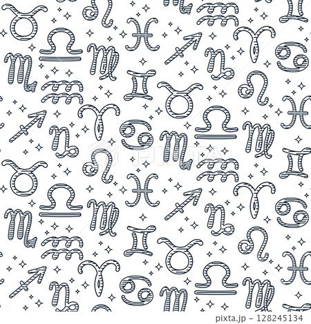 Zodiac sign pattern with hand drawn symbols and stars, seamless linear design. Concept of astrology, horoscope and cosmic energy. 128245134