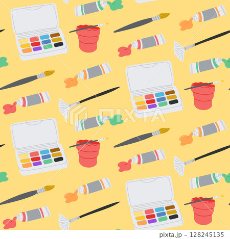 Seamless pattern with paint palettes, brushes and tubes, hand drawn in colorful flat style 128245135