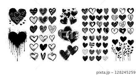 Hand-drawn black hearts with different patterns and textures. Artistic style on a white background. Concept of love and affection 128245259