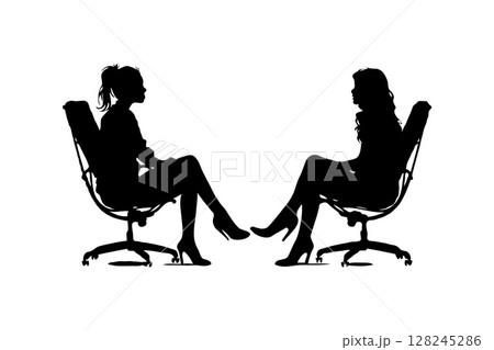 Two women sitting face-to-face in office chairs, silhouette style, white background. Concept of business meeting or interview. Concept of psychotherapy session 128245286
