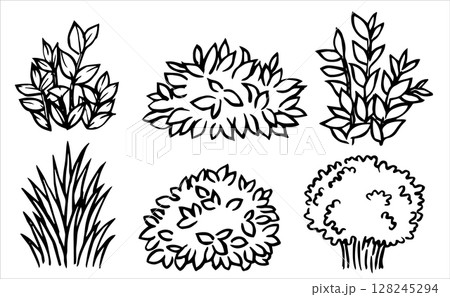 Set of landscape elements of different bushes and plants. Vector illustration in doodle style 128245294