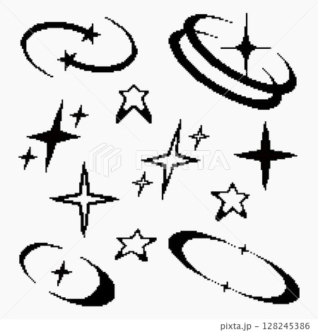 A collection of black and white pixel-style sparkle and star icons, perfect for retro designs, Y2K aesthetics 128245386