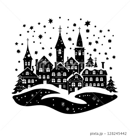 Silhouette of a festive village with buildings, trees, and stars in a hand-drawn style on white background, concept of winter holiday season 128245442