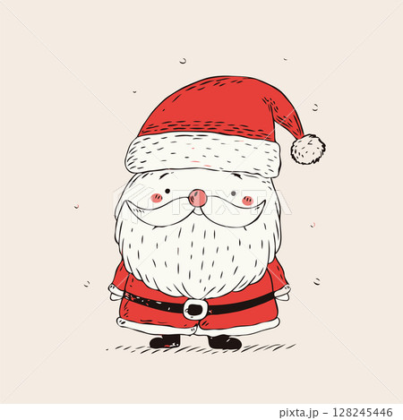 Cheerful Santa Claus in festive attire, drawn in a hand-drawn style on a beige background. Represents holiday and Christmas cheer 128245446