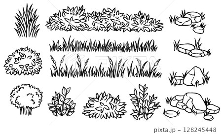 Set of landscape elements of different bushes, plants, grass and stones. Vector illustration in doodle style 128245448