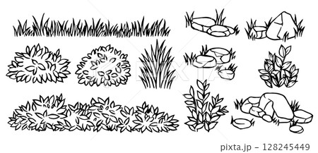 Set of landscape elements of different bushes, plants, grass and stones. Vector illustration in doodle style 128245449