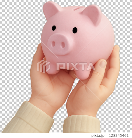 3D Cartoon Hands Holding Piggy Bank 128245461