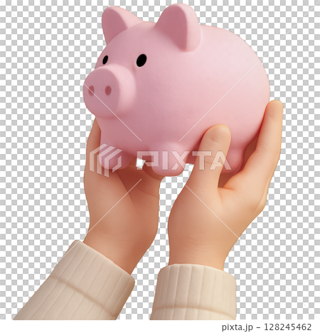 3D Cartoon Hands Holding Piggy Bank 128245462