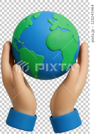 3D Cartoon Hands Holding Planet Earth 128245464