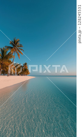 A serene beach scene with clear water and palm trees under a bright blue sky. 128245531