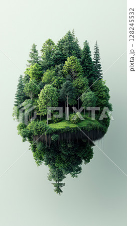 A serene floating island covered with lush green trees and reflections in calm water. 128245532