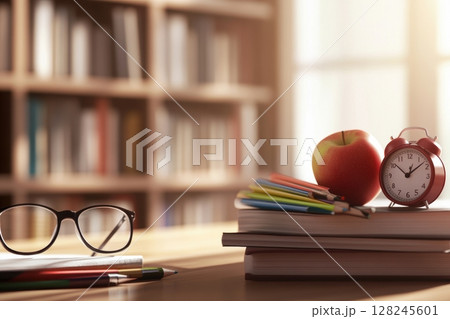 Old alarm clock, glasses, colored pencils and books on wooden table. Blurred background with bookshelves. Concept of advertising materials, education, reading, learning, time management. Copy space 128245601