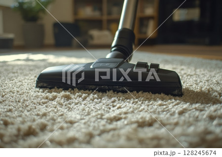 Close-up of vacuum cleaner nozzle on soft beige carpet. Shallow depth of field. Cozy home interior in background. Concept of cleanliness, home care, hygiene, and routine cleaning. Bright and tidy. 128245674