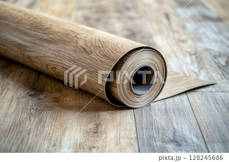 Close-up of grey vinyl flooring roll unrolling across bright modern room. Soft daylight. Wood texture detail. Clean, minimalist renovation process. Home interior improvement concept. Copy space 128245686
