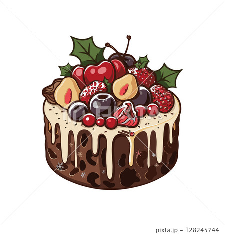 Festive Christmas fruitcake topped with cherries, strawberries, figs, holly leaves, and icing on a white background. Concept of holiday dessert 128245744