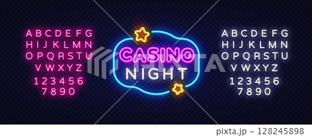 Neon sign with casino night lettering in pink and white, surrounded by glowing stars and curved frame. Includes two full alphabet sets in modern style. Neon sign with casino night lettering in pink and white, surrounded by glowing stars and curved frame. Includes two full alphabet sets in modern style. 128245898
