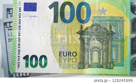 Close-up of 100 euro and US 100 dollar banknotes. Concept of currency exchange, euro-dollar comparison, global market dynamics and financial balance. 128245899