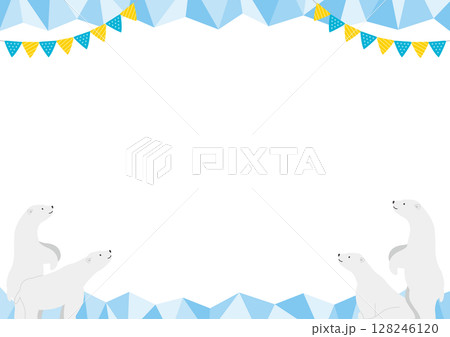 4匹の白熊と氷の横型のフレームイラスト_青 128246120