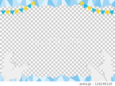 4匹の白熊と氷の横型のフレームイラスト_青 128246120