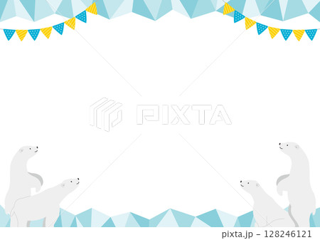 4匹の白熊と氷の横型のフレームイラスト_緑 128246121