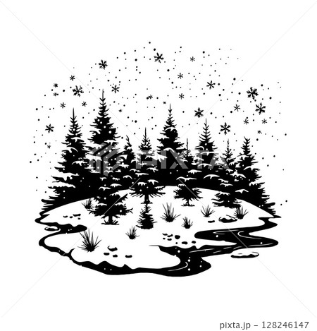 Snowy pine forest with falling snowflakes on white background in silhouette style. 128246147
