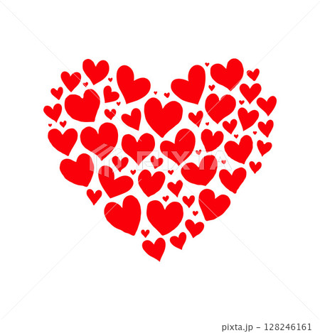 Heart shape formed by multiple red hearts of varying sizes on a plain white background, symbolizing love and romance. Valentine's day illustration. 128246161