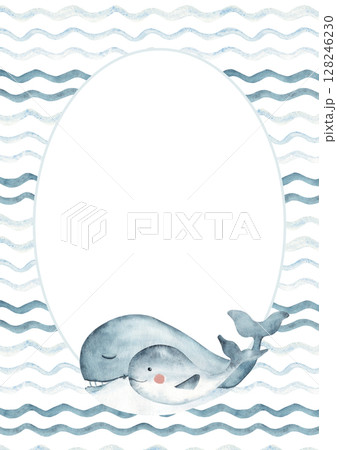 Watercolor oval frame with cute blue Whale family swimming on sea, ocean waves. Circular marine card template in retro style. Hand drawn illustration. Perfect for cards, posters and party invitations. 128246230