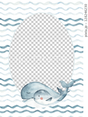 Watercolor oval frame with cute blue Whale family swimming on sea, ocean waves. Circular marine card template in retro style. Hand drawn illustration. Perfect for cards, posters and party invitations. 128246230