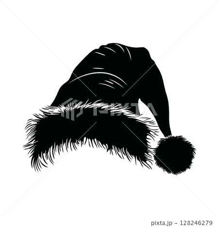 Santa hat with a white trim and pom pom on top. Vector silhouette isolated on white background. Santa hat with a white trim and pom pom on top. Vector silhouette isolated on white background. 128246279