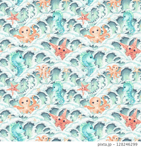 Octopus Starfish Seahorse watercolor children's characters, wave crests seamless pattern. Summer marine isolated illustration background. Sea animals, undersea mollusks kids design. Packaging, fabric 128246299