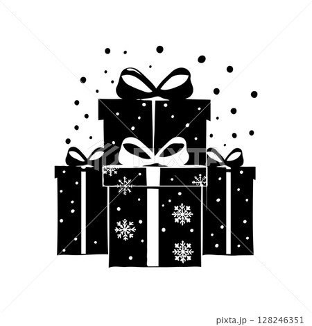 Silhouette three Christmas boxes with bows on top of them on white background. Vector illustration Silhouette three Christmas boxes with bows on top of them on white background. Vector illustration 128246351