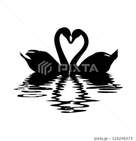 Two swans forming heart shape with reflections on water in black silhouette. 128246373