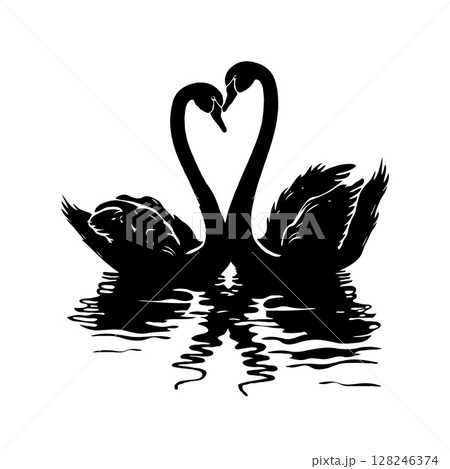 Black silhouette of two swans forming a heart shape with their necks, reflected on calm water, set against a white background, symbolizing love 128246374