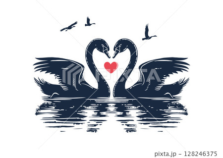 Two elegant swans create a heart shape, surrounded by serene water and flying birds, symbolizing love and romance. Illustration for Wedding day, Valentine's day. 128246375