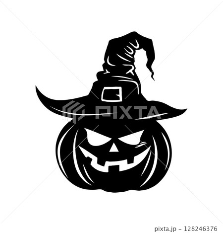 Silhouette Halloween pumpkin with a witch's hat on top. The pumpkin has a scary face with a wicked grin and a wicked eye. Vector isolated on white background. 128246376