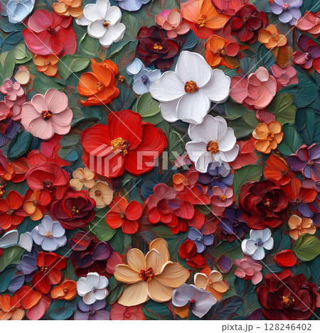 Vibrant floral pattern with colorful flowers and leaves 128246402