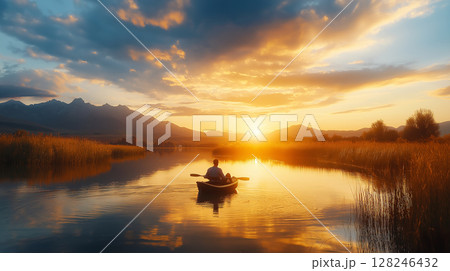 serene sunset over calm lake with person kayaking serene sunset over calm lake with person kayaking 128246432
