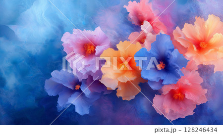 Vibrant flowers shades of blue, pink, and orange bloom beautifully 128246434