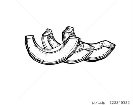 Peeled avocado slices black and white vector isolated illustration in linear style. Chopped vegetable pile graphic sketch for healthy food packaging, vegan recipes, restaurant menu design. 128246526