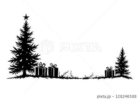 Silhouette of decorated Christmas trees with gift boxes and grass in black on white background, concept of festive holiday celebration scene Silhouette of decorated Christmas trees with gift boxes and grass in black on white background, concept of festive holiday celebration scene 128246588