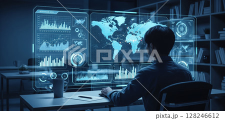 A kid boy learns online using futuristic technology. The concept of the integration of advanced digital tools in education, and learning experiences for the future generation. Generative AI. 128246612