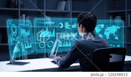 A kid boy learns online using futuristic technology. The concept of the integration of advanced digital tools in education, and learning experiences for the future generation. Generative AI. 128246613