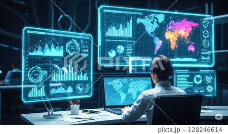 A kid boy learns online using futuristic technology. The concept of the integration of advanced digital tools in education, and learning experiences for the future generation. Generative AI. 128246614