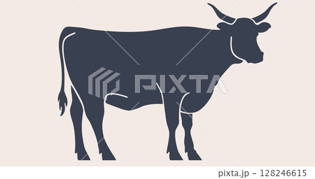 Cow, bull, beef. Hand drawn silhouette. Vintage retro print, black white cow, bull, beef sketch ink pencil drawing. Sketch artwork silhouette cow bull. Side view profile beef bull. Vector Illustration 128246615