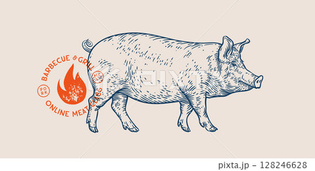 Pork, pig, hog, meat tag label. Template Meat Tag Label. Vintage print, tag, label farm pig sketch ink pencil style drawing. Butchery, pork pig farm, meat shop, text, typography. Vector Illustration Pork, pig, hog, meat tag label. Template Meat Tag Label. Vintage print, tag, label farm pig sketch ink pencil style drawing. Butchery, pork pig farm, meat shop, text, typography. Vector Illustration 128246628