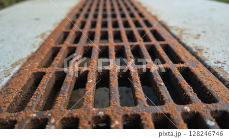 Close-up of rusty storm drain cover with concrete edges 128246746